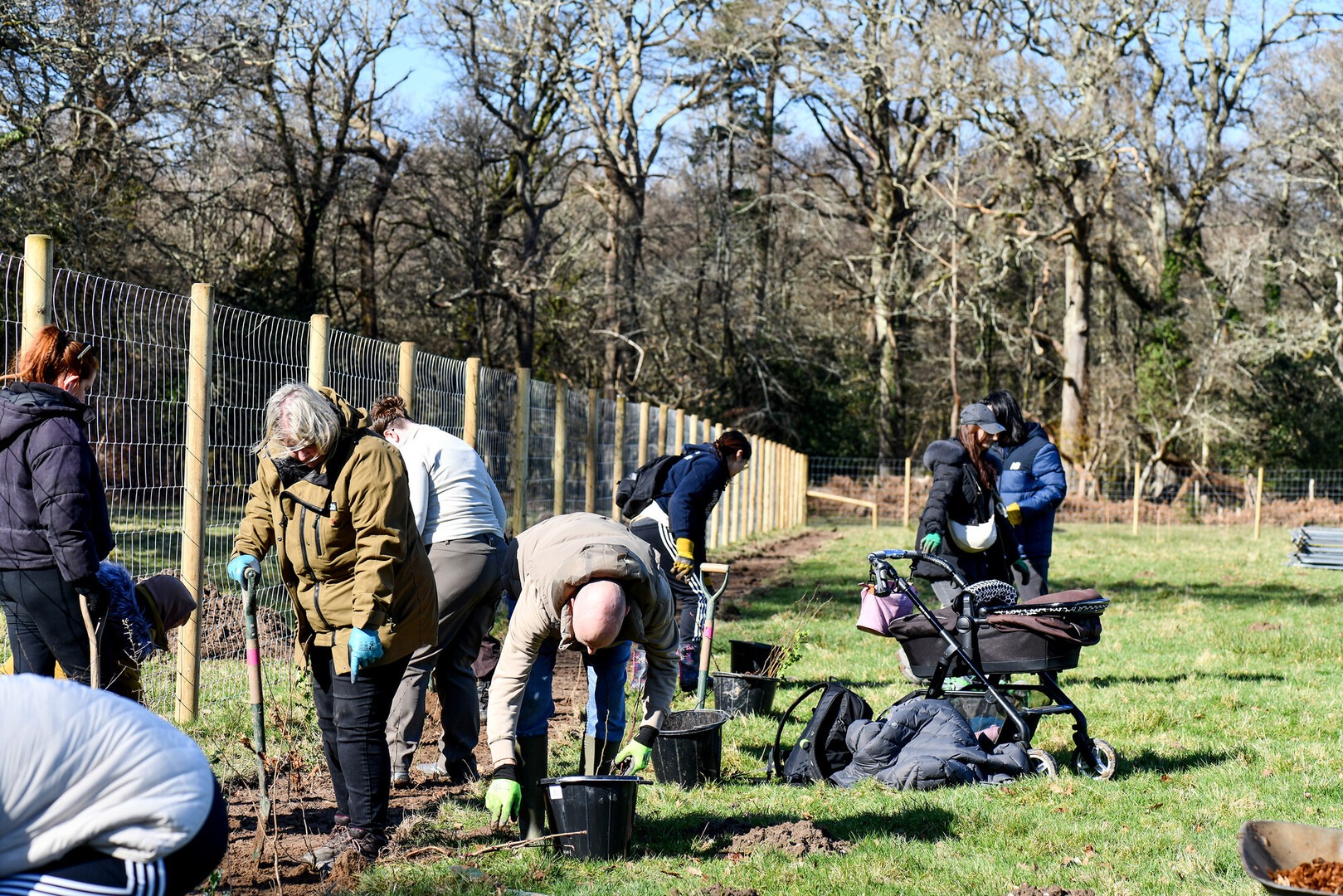 A group of people gardening and digging.