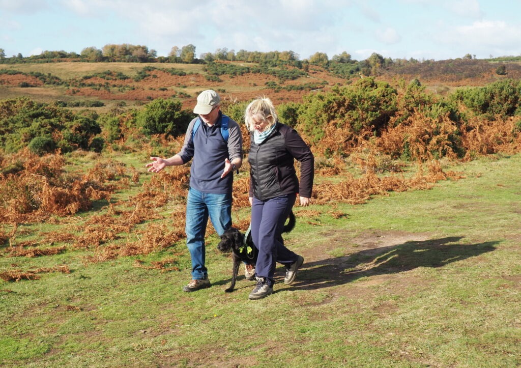 Two walkers with a black dog on a lead on a grassy path in the New Forest with heathland in the background.